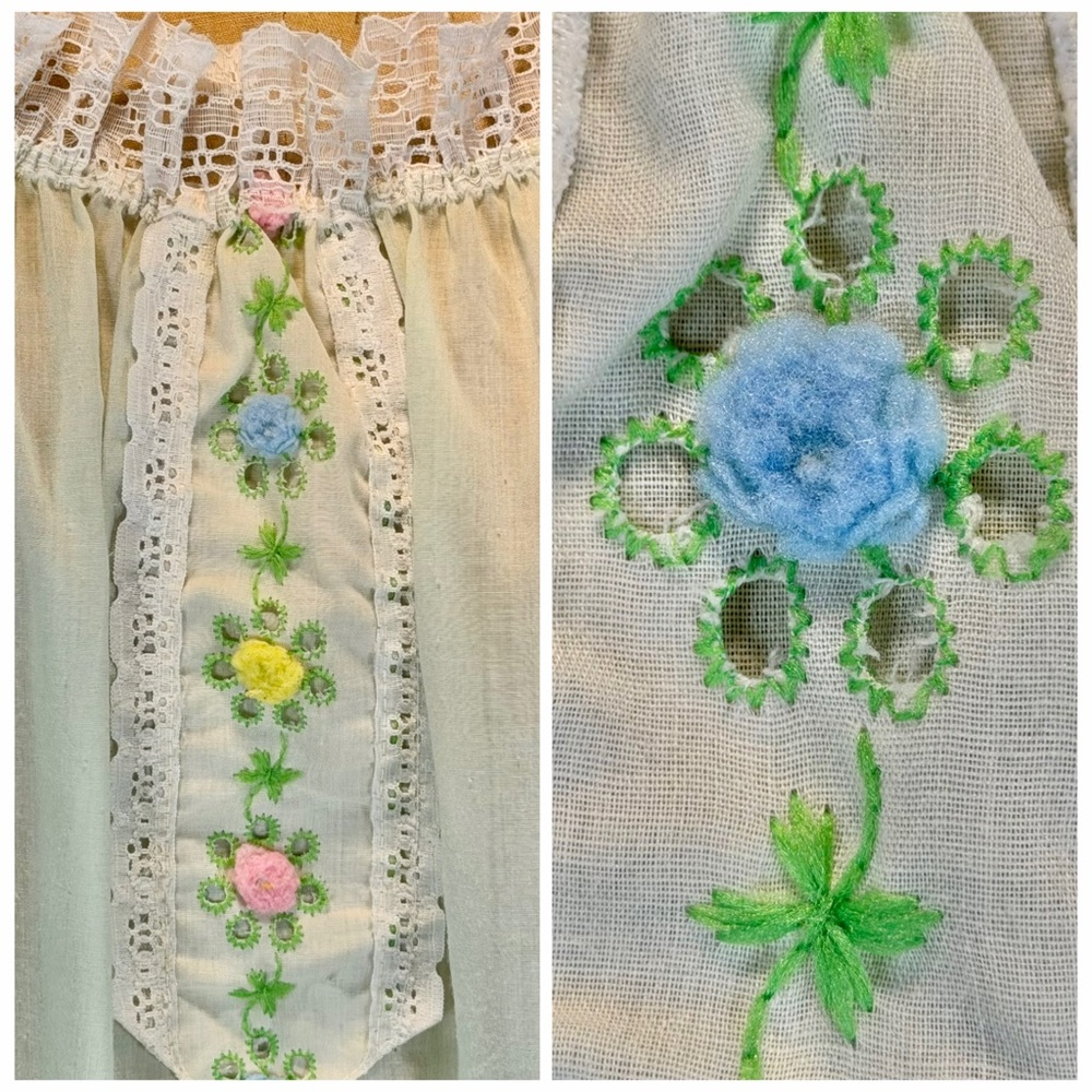 VINTAGE 60s cottage prairie floral embroidered nightgown robe housecoat set lace - Picture 13 of 17